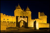 Medieval city and main entrance by night. Carcassonne, France