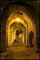 Main entrance of medieval city through drawbridge at night. Carcassonne, France (color)