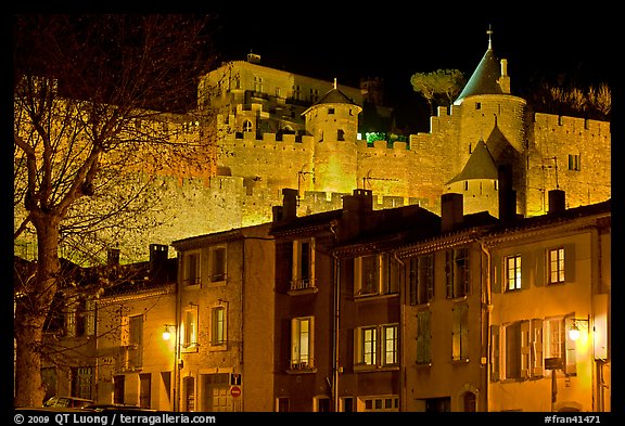 Houses and ramparts by night. Carcassonne, France (color)