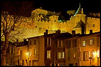 Houses and ramparts by night. Carcassonne, France (color)