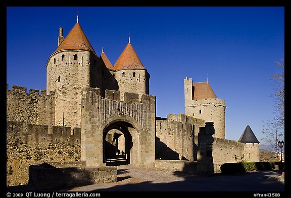 Main entrance of fortified city and drawbridge. Carcassonne, France (color)