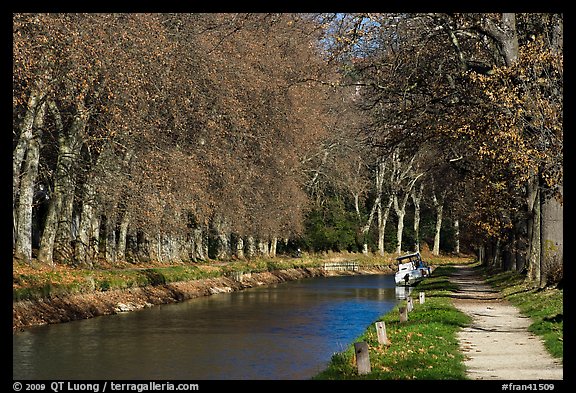 Tree-lined footpath along Canal du Midi. Carcassonne, France (color)