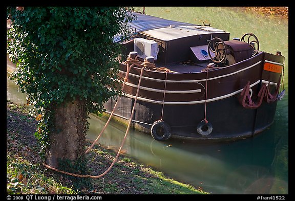 Anchored barge detail, Canal du Midi. Carcassonne, France (color)