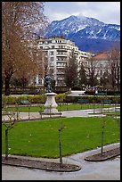 Public garden and snowy mountains. Grenoble, France