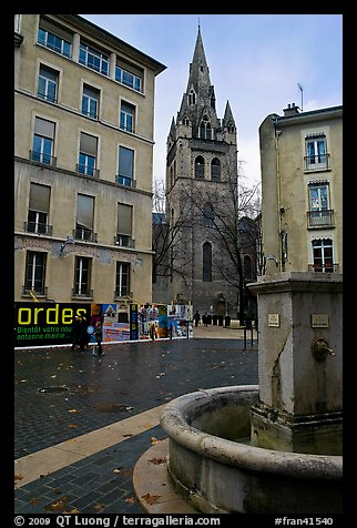 Fountain, square, and church. Grenoble, France (color)
