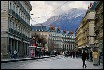 Downtown street on wintry day. Grenoble, France