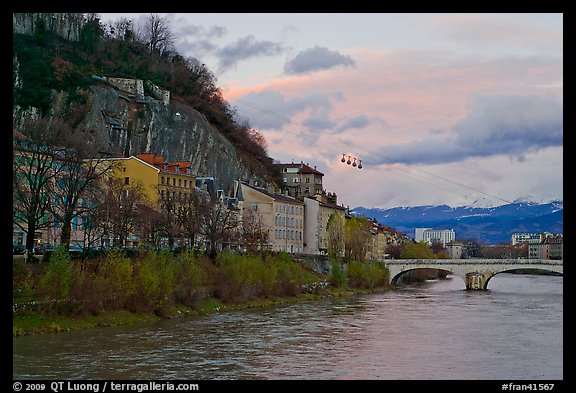 Isere River and cable-car at sunset. Grenoble, France