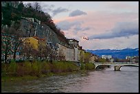 Isere River and cable-car at sunset. Grenoble, France