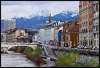 Isere riverbank and snowy mountains. Grenoble, France