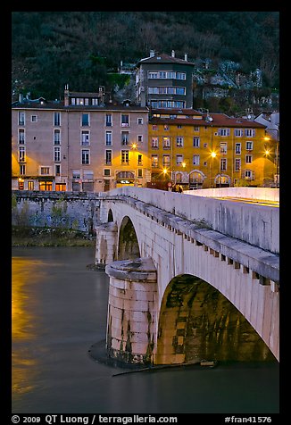 Pont de la Citadelle and old houses at dusk. Grenoble, France (color)