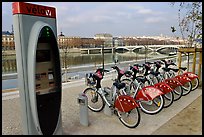 Bicycles for rent with automated kiosk checkout. Lyon, France