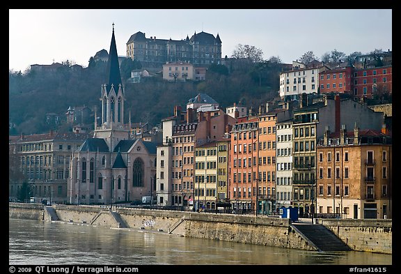 Saint George church and houses on the banks of the Saone River. Lyon, France