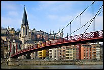 Suspension brige on the Saone River and St-George church. Lyon, France (color)