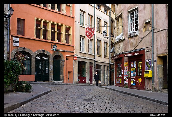 Small square in old city with coblestone pavement. Lyon, France (color)