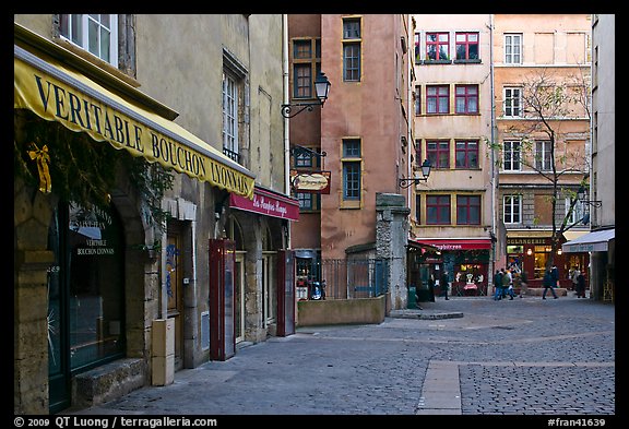 Square with restaurant offering the local specialty bouchon lyonnais. Lyon, France