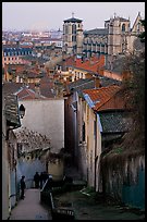 Stairs, rooftops, St-Jean Cathedral, and Ferris Wheel at dusk. Lyon, France ( color)