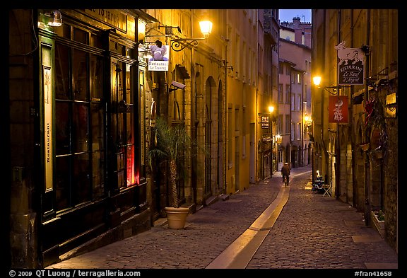 Rue du Boeuf at night. Lyon, France