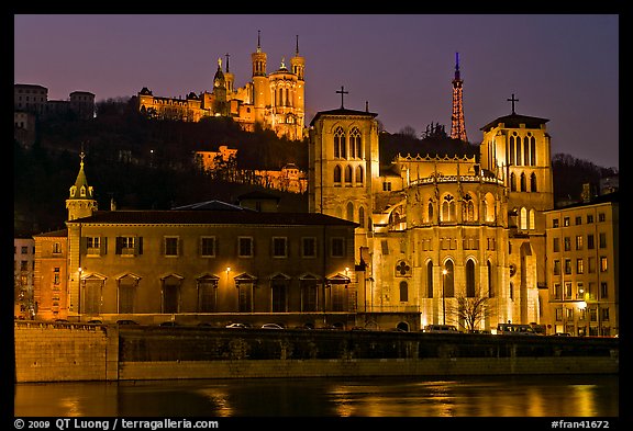 Saint Jean Cathedral and Notre Dame of Fourviere basilica at night. Lyon, France (color)