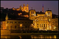 Saint Jean Cathedral and Notre Dame of Fourviere basilica at night. Lyon, France ( color)