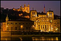 Saint Jean Cathedral and Notre Dame of Fourviere basilica at night. Lyon, France (color)