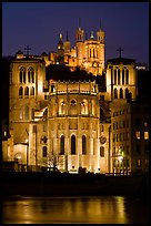 Cathedrale St Jean, Basilique Notre Dame de Fourviere by night. Lyon, France (color)