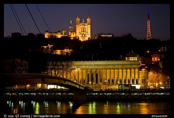 Passerelle, Palais de Justice, and Basilique Notre Dame de Fourviere by night. Lyon, France