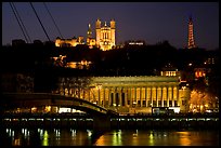 Passerelle, Palais de Justice, and Basilique Notre Dame de Fourviere by night. Lyon, France ( color)