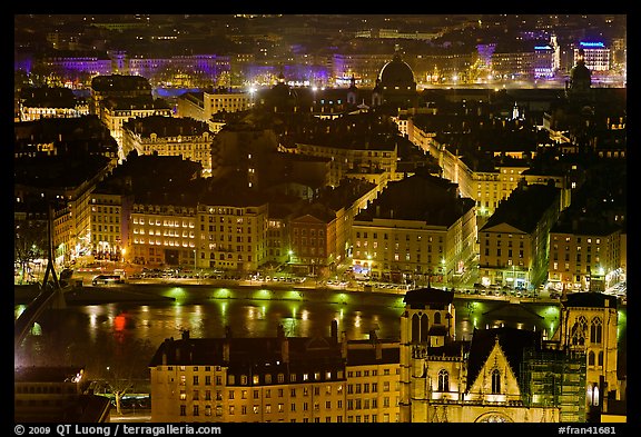 Presqu'ile by night, as seen from Fourviere Hill. Lyon, France (color)