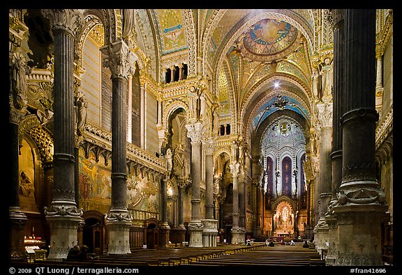 Interior of Basilica Notre-Dame of Fourviere designed by Pierre Bossan. Lyon, France (color)