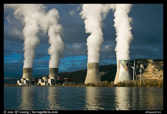 Nuclear power plant reflected in Rhone River. Provence, France