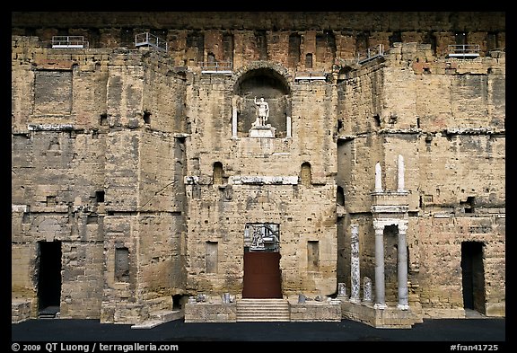 Stage wall of the Roman theater, the only such structure still standing entirely, Orange. Provence, France (color)