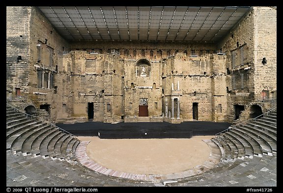 Tiered seats, orchestra, stage, and stage roof, Roman theater. Provence, France