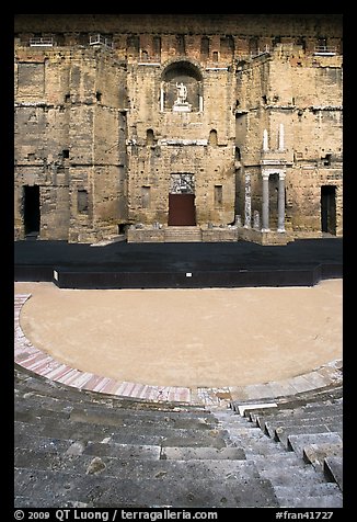 Seats, orchestra, stage, stage wall, Roman theatre, Orange. Provence, France