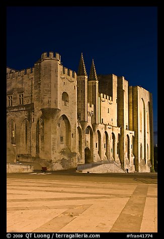 Palace square and Palais des Papes at night. Avignon, Provence, France (color)