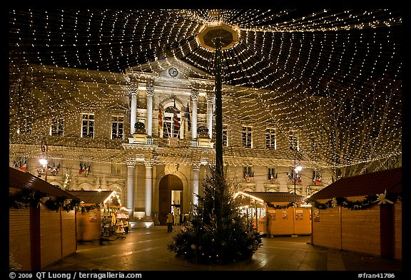 Christmas fair and City hall at night. Avignon, Provence, France