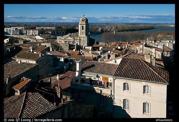 View of the city center with Rhone River. Arles, Provence, France