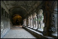 Romanesque gallery with delicately sculptured columns, St Trophimus cloister. Arles, Provence, France