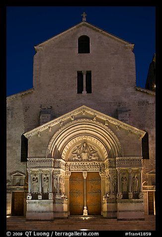 Facade of the Saint Trophimus church at night. Arles, Provence, France (color)
