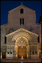 Facade of the Saint Trophimus church at night. Arles, Provence, France (color)