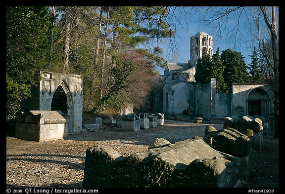 Tombs, mausoleums, and church, Alyscamps. Arles, Provence, France (color)
