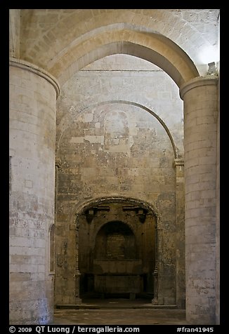 Columns inside romaneque St Honoratus church, Alyscamps. Arles, Provence, France