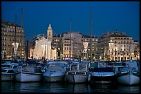 Yachts, church, and city at night, Vieux Port. Marseille, France (color)