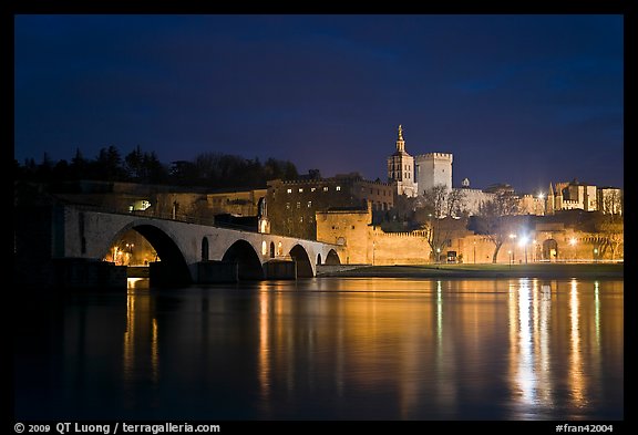 Avignon skyline at night with Papal Palace, Episcopal Ensemble and Avignon Bridge. Avignon, Provence, France