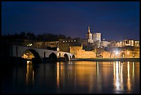 Avignon skyline at night with Papal Palace, Episcopal Ensemble and Avignon Bridge. Avignon, Provence, France (color)