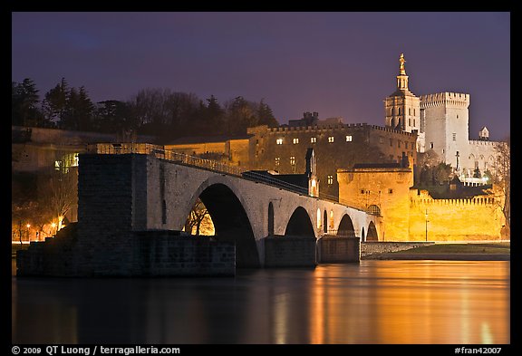 St Benezet Bridge and Palace of the Popes at night. Avignon, Provence, France