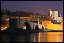 St Benezet Bridge and Palace of the Popes at night. Avignon, Provence, France (color)