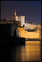 Rhone River, St Benezet Bridge and Palais des Papes at night. Avignon, Provence, France (color)