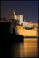 Rhone River, St Benezet Bridge and Palais des Papes at night. Avignon, Provence, France