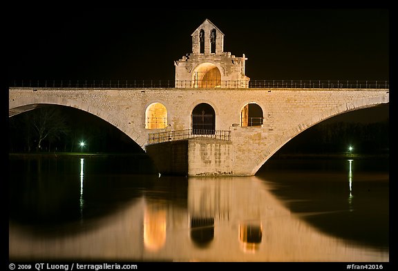 St Benezet Bridge with chapel of St Benezet at night. Avignon, Provence, France (color)