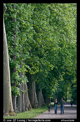 Family walking in gardens, Chateau de Fontainebleau. France (color)